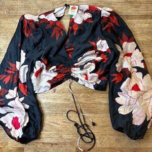Farm Rio cropped gathered floral-print satin blouse, size L